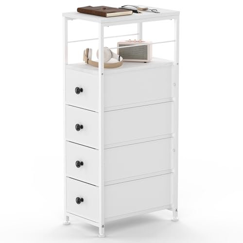 Kommode Schmal Schrank mit 4 Stoffschubladen, Schubladenschrank mit Schubladen, Aufbewahrungs-Turm, Schrank-Organizer-Einheit für Schlafzimmer Wohnzimmer Küche Büro Flur, 87 x 40 x 25,4 cm, Weiß