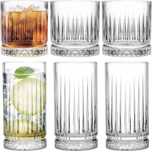 TESIN Crystal Drinking Glasses, Set of 6 Durable Glass Cups-3 Highball Glasses 15oz & 3 Rocks Glasses 12oz, Mojito Cups, Cocktail Glass, Bar Glassware Set for Cocktail, Beer, Whiskey