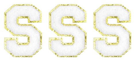 sourcing map Chenille Letters S Patches Large Size 80mm/3.15 Inch Iron-on Letters S Patches Golden Glitter Embroidered Patches for Clothing, Shoes, Hats, Backpacks Pack of 3(White)