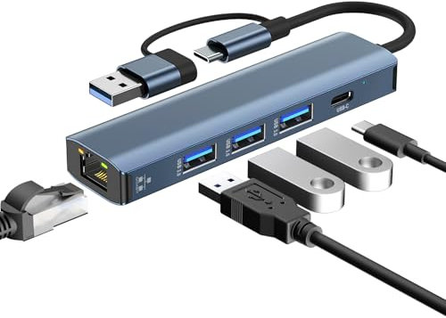 Loydia Adaptateur USB Ethernet 3 Ports USB3.0 et Type-C, 5 en 2 Hub USB C Adaptateur Gigabit RJ45 USBC pour iPhone 16 15 MacBook iPad Pro Air 2024 Surface Galaxy S24