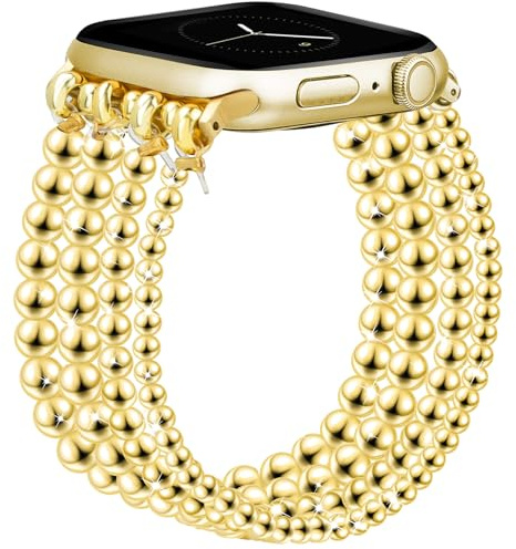 JR.DM Bracelet en perles dorées pour Apple Watch 40 mm 42 mm 41 mm 44 mm 38 mm 45 mm 46 mm Bracelet élastique extensible élégant de rechange pour iWatch Série 10/9/8/7/6/5/4/3/2/1/SE​, 41/40/38/42mm