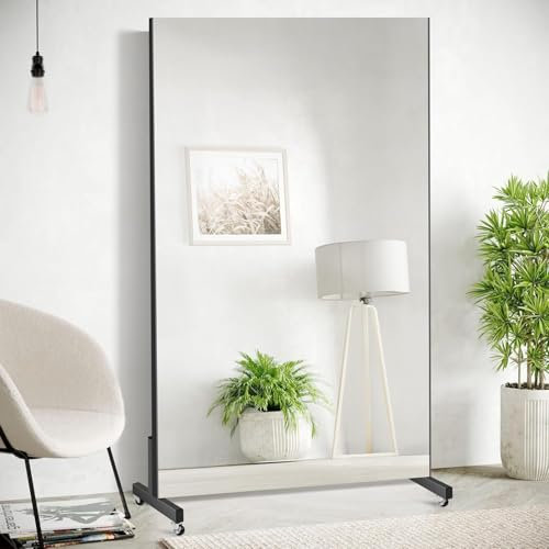 Ganzkörperspiegel mit Rollen unzerbrechlich & modern I Spiegel Fitnessraum 180 x 100 cm groß I dünner Aluminium-Rahmen in Schwarz I Standspiegel bruchsicher & leicht I Wandspiegel zum Aufhängen