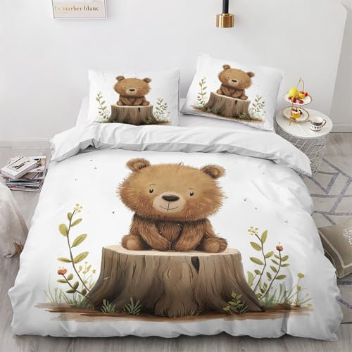 Traulpex Nette Puppe Bär Bettwäsche 135x200cm 3 teilig, Cartoon Bär Kinder Bettbezug mit Reißverschluss, Weich & Bügelfrei, Karikatur Tier Bettwäsche Set Microfaser mit 2 Kissenbezug 80x80 cm