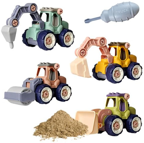 Focenat Giocattoli da Costruzione Smontabile, 4 Veicoli, Escavatore, Rullo, Bulldozer, Martello Pneumatico con Cacciavite per Montaggio e Smontaggio, Giocattoli per Bambini 3 4 5 Anni