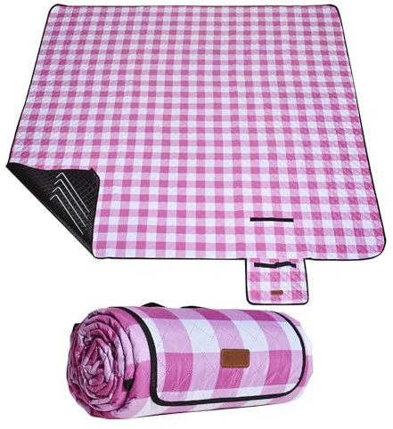 HX&OD Picnic Outdoor Blanket, Extra Large, 80''x80'' Waterproof Foldable Blankets Gingham Picnic Mat for Beach, Camping Grass Lawn Park Accessories Cute Couple Ideas Wedding (Pink, 80”x60”)