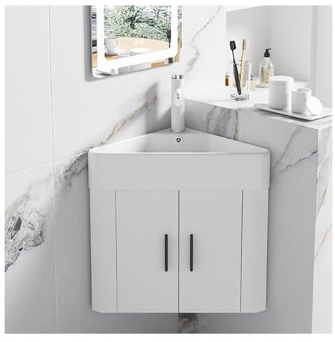 lavandino, Mobile Bagno Bianco con Combinazione lavabo, lavabo angolare in Ceramica a Parete, lavabo a Forma Triangolare con Contenitore, Set di mobili da Bagno Moderni a Parete, Mobile bagn