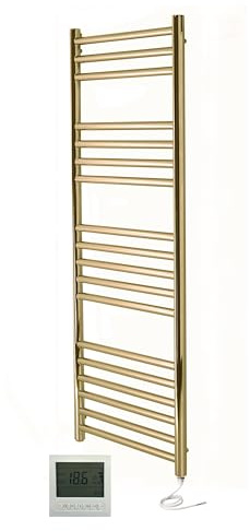 Manissa Boston Electric Brushed Brass Heated Towel Rail 500mm W x 1000mm H Bathroom Towel Radiator + 7 Day Thermostat/Timer