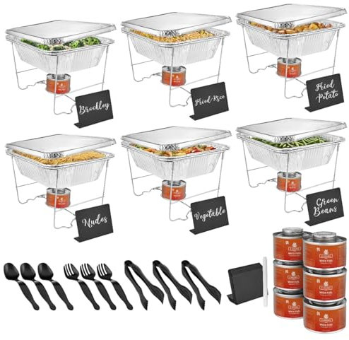 Disposable Chafing Dish Buffet Set, 46 Pcs Disposable Food Warmers For Parties Buffet, Catering Supplies Buffet Display Set Incl. Wire Racks, Chalkboards, Fuel Cans, Pans, Serving Utensils, Covers.