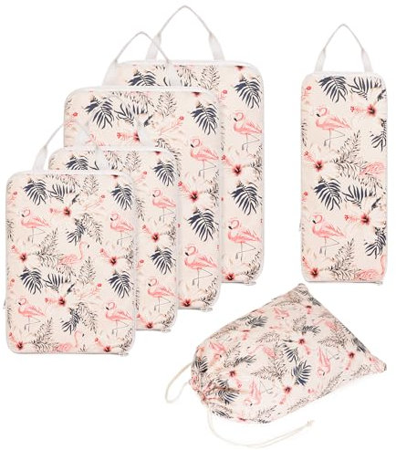 Narwey 6 Teilige Kompression Koffer Organizer, Compression Packing Cubes Backpack Koffer Organizer Set Kompression Packwürfel Rucksack, Kofferorganizer Travel Essentials for Damen (Beige Flamingo)