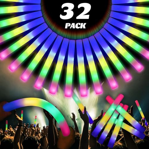 32 Stück Schaumstoff Leuchtstäbe LED, 40.6 cm 4 Farben Leuchtstab mit 3 Modi, Nachleuchtend Partygeschenk Packs für Hochzeit, Geburtstag, Weihnachten, Konzerte Partystab