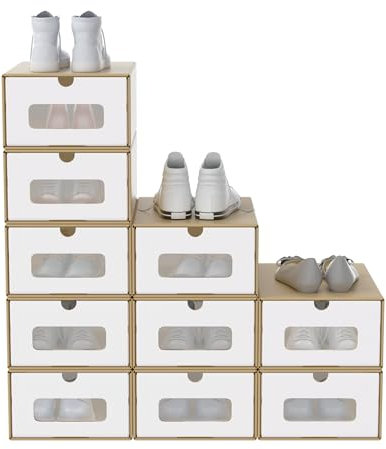 FIVMEN 10 cajas de zapatos apilables de papel kraft con tapa y ventana transparente para zapatos, 34,5 x 23,5 x 13,5 cm