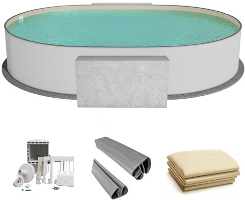 Fresh-Pool Profi Stahlwandpool Set oval, 700x350x150 cm, Stahl 0,8 mm weiß, Folie 0,8 mm Sand, Einhängebiese