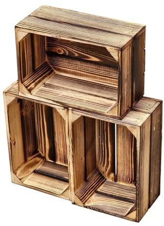 Teramico Vintage Holzkisten 40 x 30 x 25cm geflammt | Weinkisten & Obstkisten | Set-Angebote (3 x 30 x 20 x 15cm geflammt)