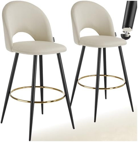 tectake® Samt Barhocker mit Rückenlehne, Bar Hocker, Hocker hoch, Stehhilfe, Barmöbel für Kücheninsel, Hausbar, Bistrostuhl, Sitzhocker, Stehhilfe für Büro, Küchenhocker - Creme/schwarz, 2er Set