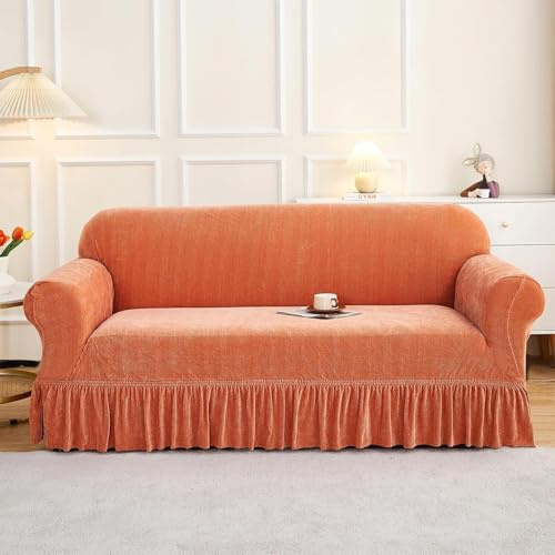 Stretch-Sofabezug mit Rüschen, universelle Chenille Sofahusse, waschbarer Möbelschutz, Sofabezug für Schlafsofa, 1 Stück für 3- oder 4-Sitzer-SofaOrange,3 Seater