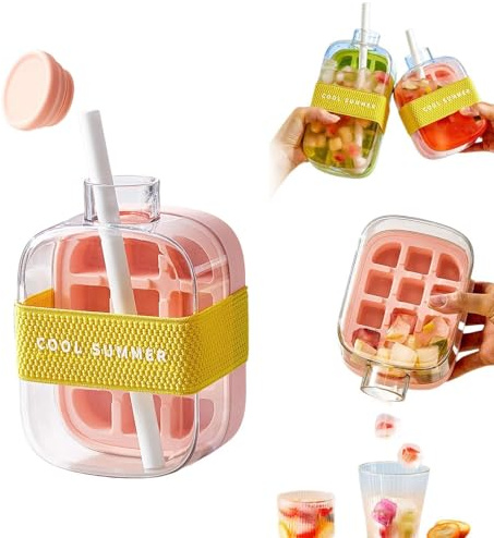 Eiswürfelflasche mit Stroh, 2 in 1 Wasserflasche Eiswürfelform mit Deckel, Push-Typ Eisherstellungsflasche, One-Touch Eisfreisetzung & Keine Berührung, für Kaffee Saft Getränk(Pink,500ml)