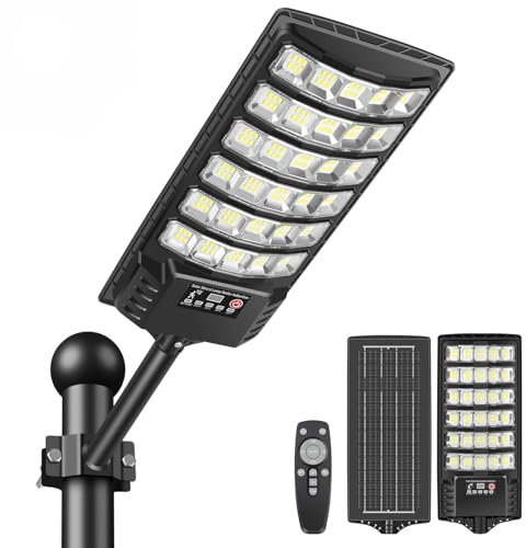 PEAKRO Lampione Solare Led Esterno, IP66 Impermeabile Faro con Pannello Solari, 6000K Lampione Stradale Solare Sensore di Movimento, Lampioni da Giardino Esterno con Telecomando per Garage Strada (1)