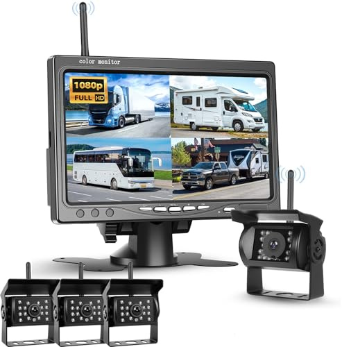VECHTEL Wireless IPS HD 7 Zoll Rückfahrkamera Kabellos Kit mit 4 Kameras, Rückfahrkamera mit BSD IP68 Wasserdicht Nachtsicht Superweitwinkel für 12-36V LKW Wohnwagen Lastwagen Wohnmobil