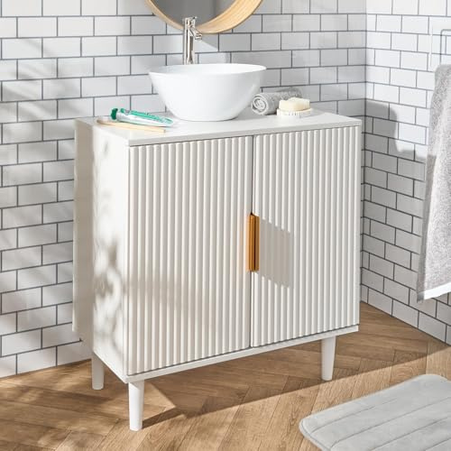 OHS Cream Under Sink Bathroom Cabinet, Free Standing Ribbed Wooden Under Basin Unit Cupboard Storage Cabinet with 2 Doors & Shelf Bathroom Sink Cabinet with Feet, 60 x 30 x 61cm