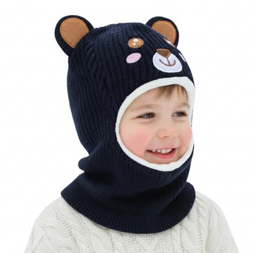 AYPOW Bonnet Cagoule Enfant Fille Garçon 4-8 Ans, Tricot Bébé Bonnet Cache-Cou Ensemble Hiver Chapeaux Écharpe Capuche Thermique Doux Doublé en Polaire Cache Oreilles pour Tout-Petit Plein Air