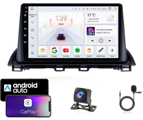 Estéreo de coche Android 15 para Mazda 3 2013-2017 | Pantalla táctil de 9 | CarPlay/Android Auto | Navegación GPS | Bluetooth 5.0 | 4G/WiFi | Plug & Play | Controles al volante