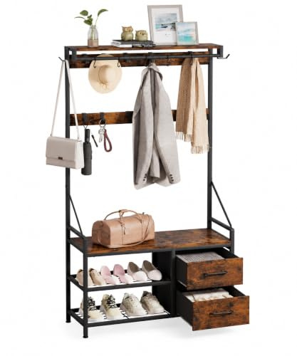 Yorbay Multifunktionaler Flur Garderobenständer mit Schuhbank: 17 Haken | Abnehmbar Flurgarderobe Metallrahmen mit 2 Schubladen - Wandgarderobe Sitzbank für Wohnzimmer Eingänge - Stabil Retro-Design