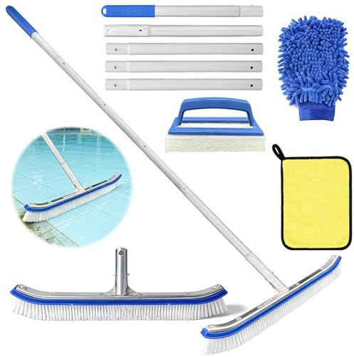 TZEKING Cepillo Piscina con pertiga 180cm,Cepillo para Limpiar Piscinas 43cm,Kit Piscina Limpieza,con Extremos Curvos,Borstels Reinigen Wanden,Tegels en Vloeren Moeiteloos