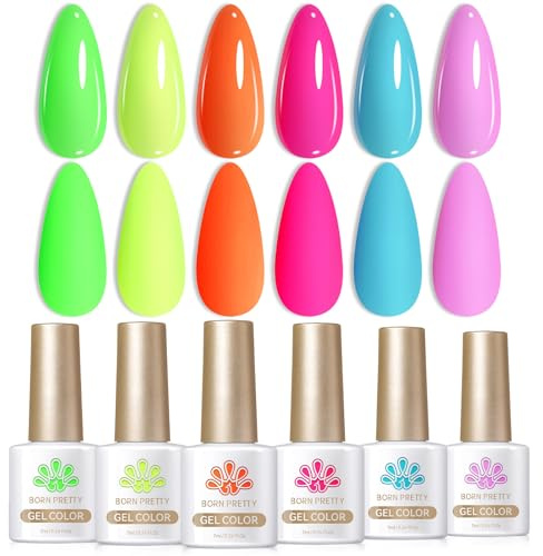BORN PRETTY Neon Gel Nail Polish 6 Rainbow Colors Fluorescent Green Yellow Orange Hot Pink Purple Blue Gel Polish Set, Soak Off U V LED for Holiday DJ Party Girls