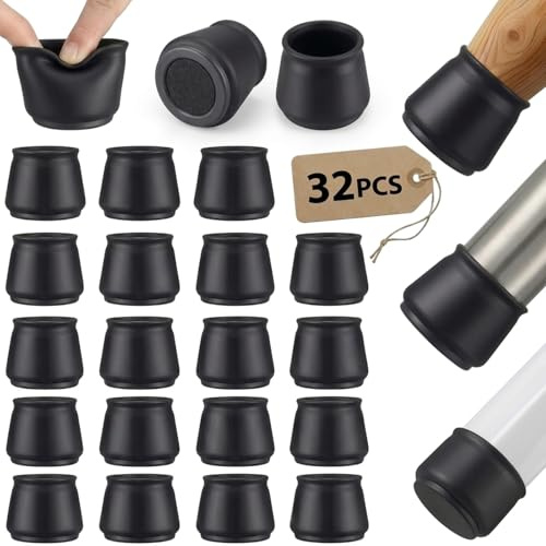 32 PCS Chair Leg Floor Protectors – Reduce Noise | Anti-Scratch Black Covers for Hard Floors Round Silicone Furniture Leg Caps for 14–22 mm Feet