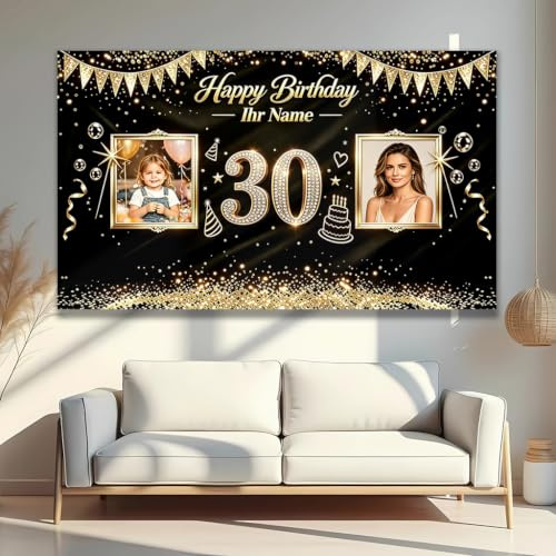 Geburtstag Banner, Personalisierbares Happy Birthday Hintergrundbanner mit Foto & Name selbst gestalten, Stabil, sowohl für Indoor- als auch Outdoor-Feiern bestens geeignet (30 Schwarzes Gold)