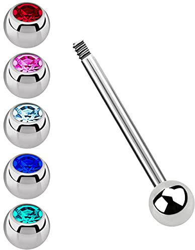 Modern Nature Piercing-Schmuck Titan Set, Zungenpiercing Stab mit 1,6 mm Stärke, wählbar in 12-18 mm Länge mit 5 Steinkugeln