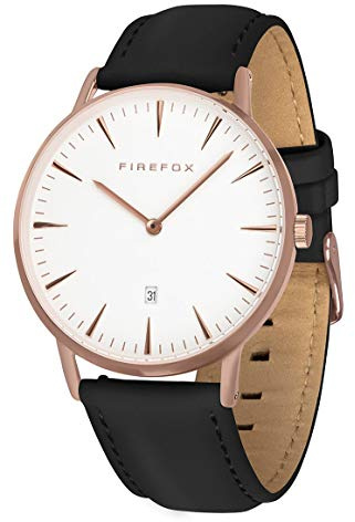 FIREFOX Damenuhr Herren- Armbanduhr Passion analog Quarz Edelstahl rosevergoldet Lederarmband schwarz Zifferblatt weiß 5 ATM wasserdicht FFPL02-101