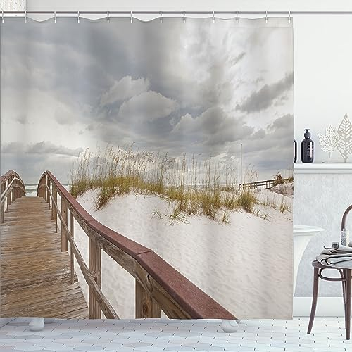 ABAKUHAUS Strand Duschvorhang, Tropical Gulf Island, Stoffliches Gewebe Badezimmerdekorationsset mit Haken, 175 x 180 cm, Creme Grau