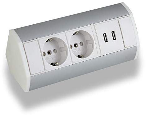 Pratica presa angolare 2 x Schuko + 2 x USB, bianco, argento, alluminio, per cucina, bagno, soggiorno, mobili. Presa USB ideale per piano di lavoro da cucina come presa da incasso