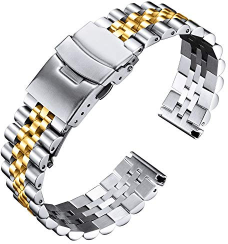 BINLUN Stainless Steel Watch Strap Replacement Metal Watch Bracelet 18mm 20mm 22mm 24mm 26mm Smart Watch Band for Men Women in Silver, Gold, Black, Rose Gold, Two Toned (22mm, Silver Gold)