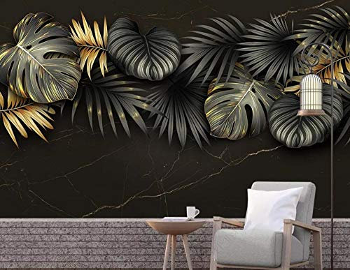 Papier Peint 3D Panoramique Marbrure Feuille De Palmier Or Noir Papier Peint Intissé Salon Chambre Décoration Murale Wallpaper 430x300cm