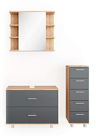 Vicco Badmöbel-Set Ilias, Goldkraft Eiche/Anthrazit, 3 Teile, mit Unterschrank 80 cm
