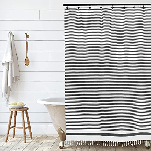 HALL & PERRY Modern Farmhouse Tassel Shower Curtain 100% Cotton Striped Fabric Shower Curtain with Tassels for Bathroom Décor (Black 2, 72x72)