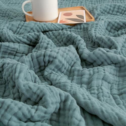 EMME Baumwolldecke 100% Musselin Decke Erwachsene, 152x203 cm,Sofadecken Atmungsaktive Weiche Decke Alle Jahreszeiten Vorgewaschen Couch Decken Baumwolle Tagesdecke, Blaugrün