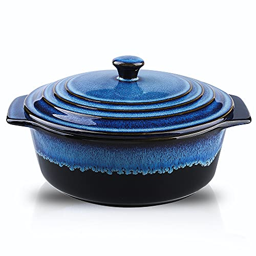 KOOV Cocotte en céramique avec couvercle – 2 litres, plat de cuisson rond de 22,9 cm, passe au four, vernis réactif