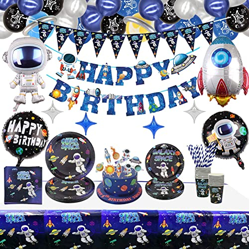 160 PCS Outer Space Party Supplies - Solar System Party Supplies Balloon, Astronaut Happy Birthday Banner, Cake Topper, Plates, Napkins, Cup, Tablecloth for Boy Kid Party Decorations, Serves 20 Guest