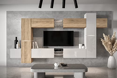 Furnitech Wohnwand Wohnzimmer - Wohnzimmer Möbel mit LED Weiß - Hängend Wohnwand Modern - Wohnzimmer Schrankwand mit Regale und TV Schrank (AN91NEW-21SW-HGM25)