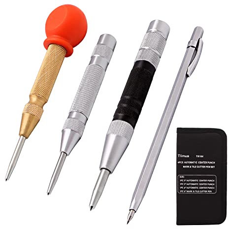 Tlimus 4 Pack 5 Inch and 6 Inch Automatic Center Punch Tool Adjustable Spring Loaded Punch and Metal Engraving Pen for Metal Wood Working with Hard-Shell Carry Case
