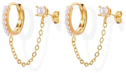 Kenivira 18K Gold Pearl Earrings: Huggie Hoop Stud, Double Piercing, Dangle Chain