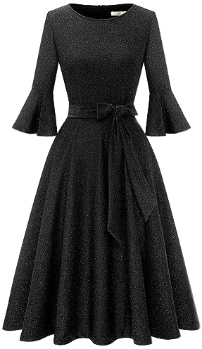 Homrain Damen Glitzerkleider für Hochzeitsgäste Glockenärmel Paillettenkleider für Frauen Cocktail Party Abend Glitzerkleid Glitter-Black XL