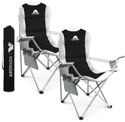 Voyager Set Of 2 Premium Padded Camping Chairs Lightweight & Foldable with Cup Holder & Side Pockets Ideal Water Resistant Outdoor Seats for Garden,Fishing,Picnic,Camping & Travel Heavy Duty (Black)