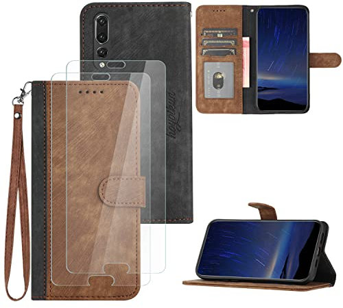 Hoyoikun Flip Custodia in Pelle PU Premium per Huawei P20 PRO+(2 Pezzi Vetro Temperato).Custodia Sottile in Pelle per Telefono,Premium PU/TPU,Supporto Stand,Chiusura Magnetica viola-marrone