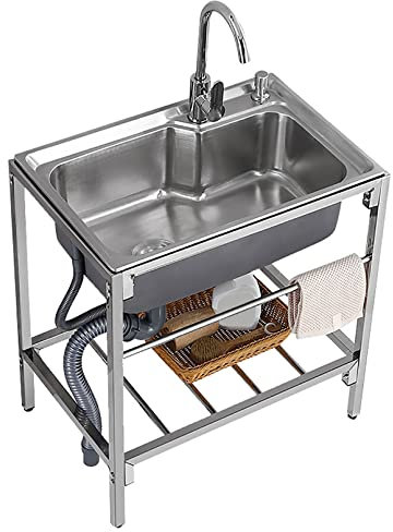Spülbecken Edelstahl Freistehend Küchenspüle Einzelbecken Ausgussbecken Waschbecken Werkstatt Spüle mit Armatur für Garage Garten Küche Camping Keller Komplettspüle
