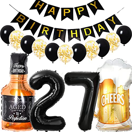 Conruich Geburtstagsdeko 27 Jahre Mann Frau, Luftballon 27. Geburtstag Deko Mann, Folienballon Zahl 27 Schwarz, Helium Ballon Whiskey Bierglas für 27. Geburtstag Manner Party Dekoration
