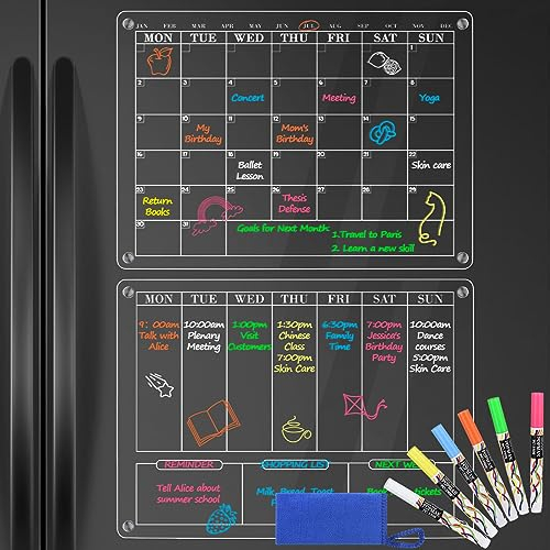 POPRUN Acrylic Magnetic Calendar Whiteboard for Fridge, Weekly & Monthly Family Planner, Clear Dry Erase Fridge Calendar Board Monday to Sunday, A3 Reusable Planner Board Kit with 6 Chalk Pens-2 Pack
